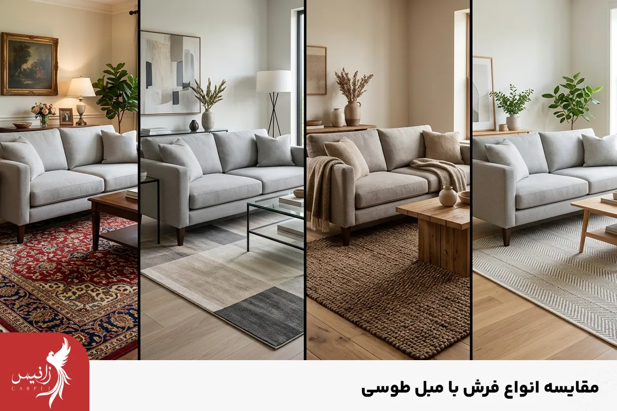 مقایسه جامع بهترین رنگ فرش برای مبل طوسی