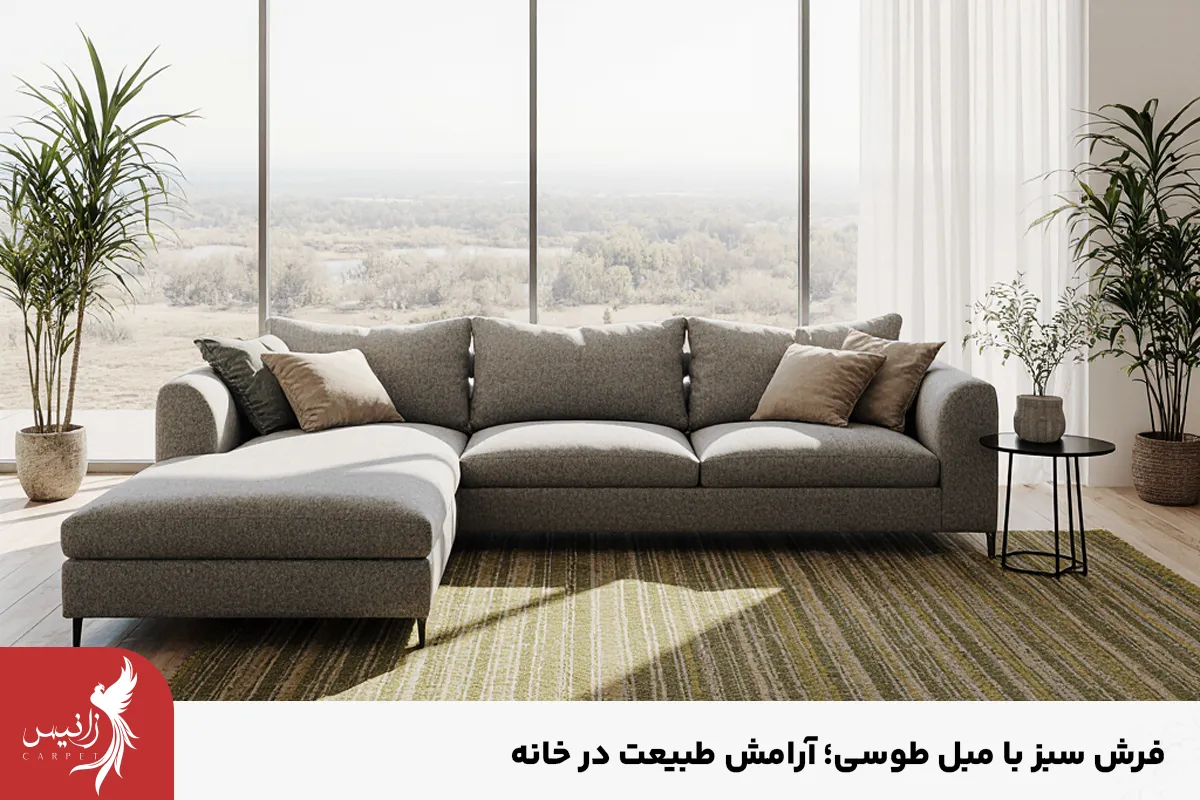 فرش سبز با طیف های رنگی مختلف را میتوان در کنار مبل طوسی روشن یا تیره استفاده کرد.