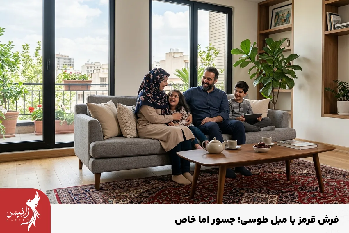 اگر به دنبال ایجاد فضایی خاص در خانه خود هستید ترکیب فرش قرمز و لاکی با مبل طوسی را به شما پیشنهاد می کنیم.