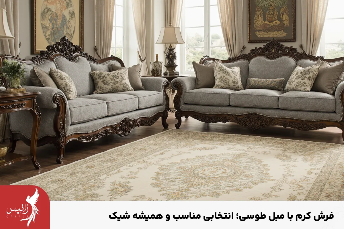 ست فرش کرم با مبل طوسی