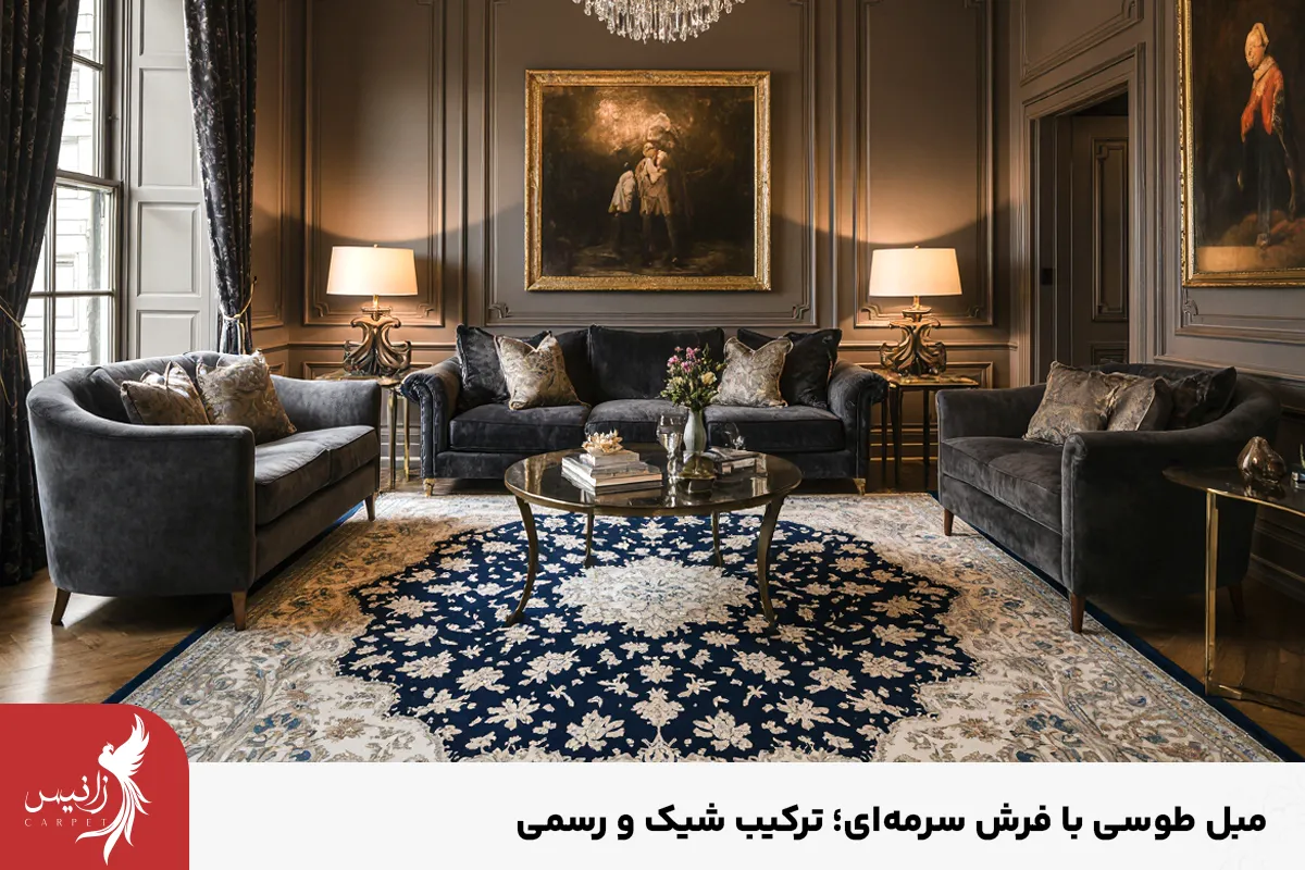 اگر به دنبال دکوراسیون لوکس هست ترکیب فرش سرمه ای با مبل طوسی پیشنهاد می‌شود.