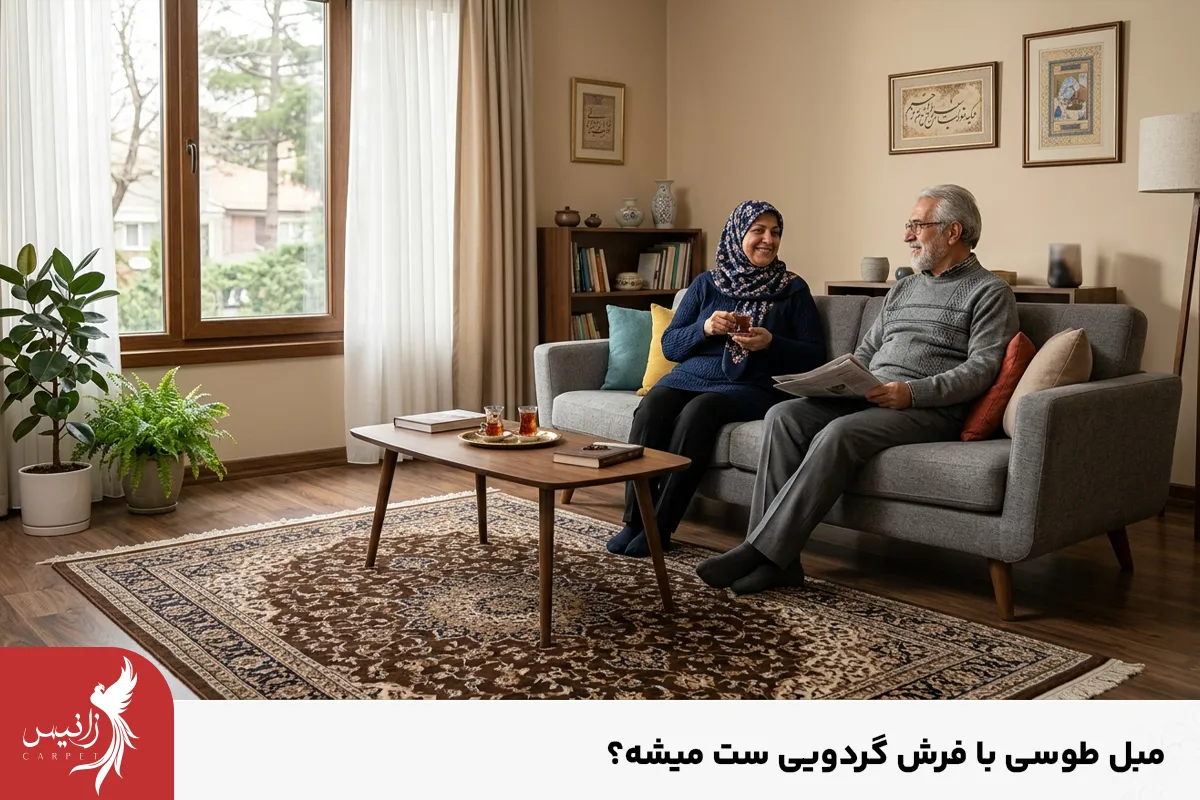 آیا فرش گردویی با مبل طوسی ست میشه؟