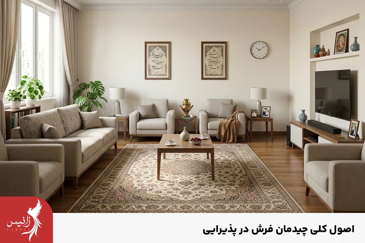 تناسب اندازه فرش با ابعاد فضای پذیرایی و فاصله فرش از دیوار دو اصل اساسی چیدمان است.
