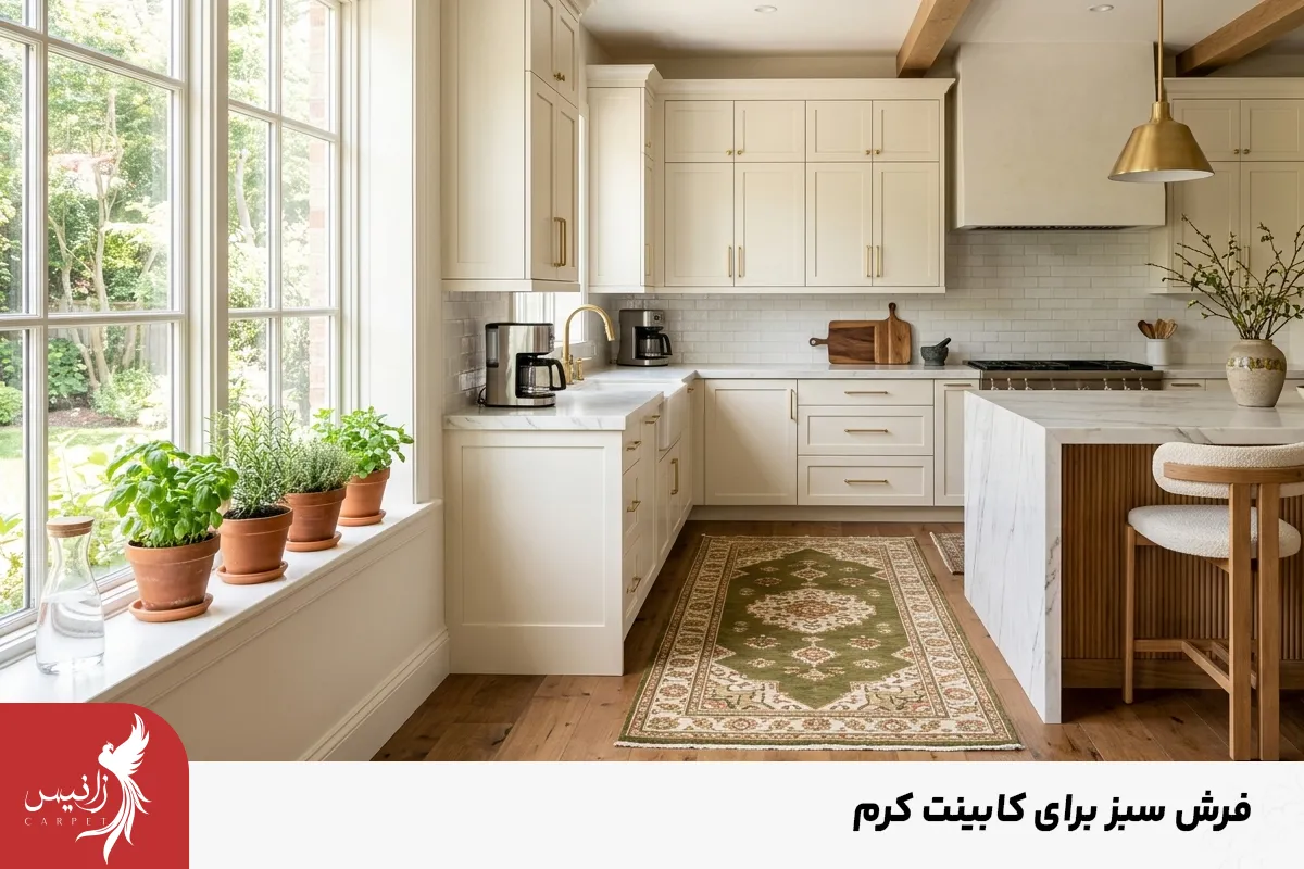 فرش سبز برای آشپزخانههایی با عناصر طبیعی و چوب پیشنهاد میشود.