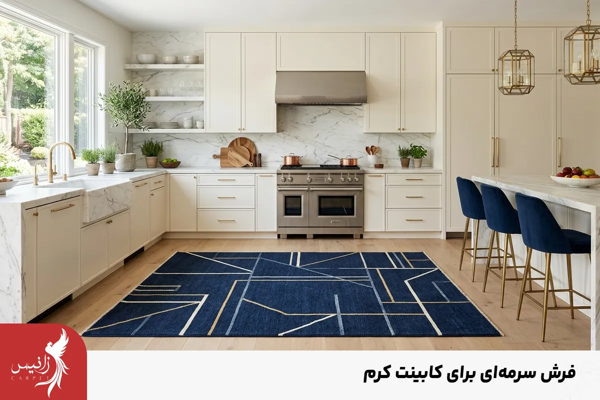 ترکیب فرش سرمه ای با کابینت کرم جلوه ای لوکس به آشپزخانه شما میدهد.