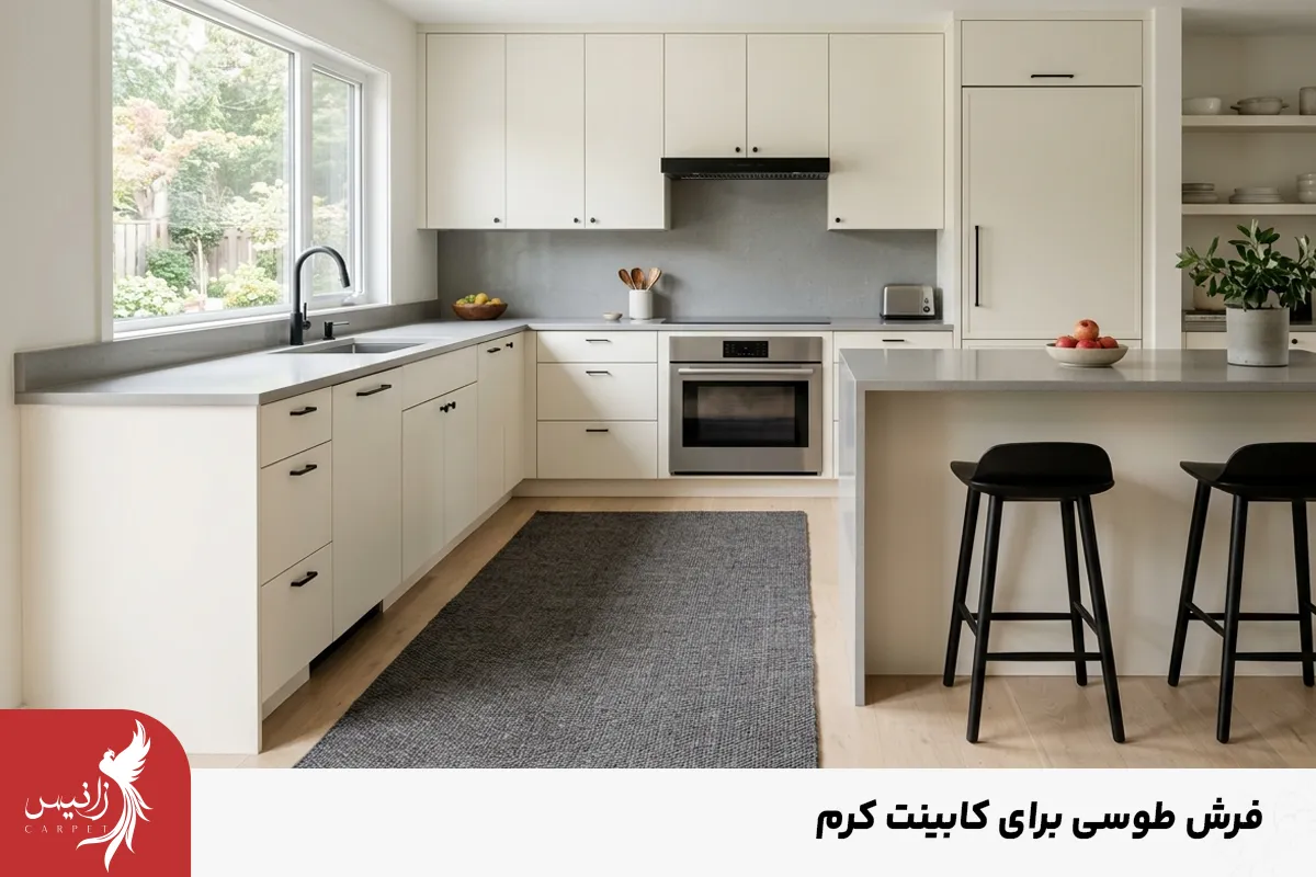 یکی از بهترین رنگهای فرش برای آشپزخانه با کابینت کرم، طوسی است.