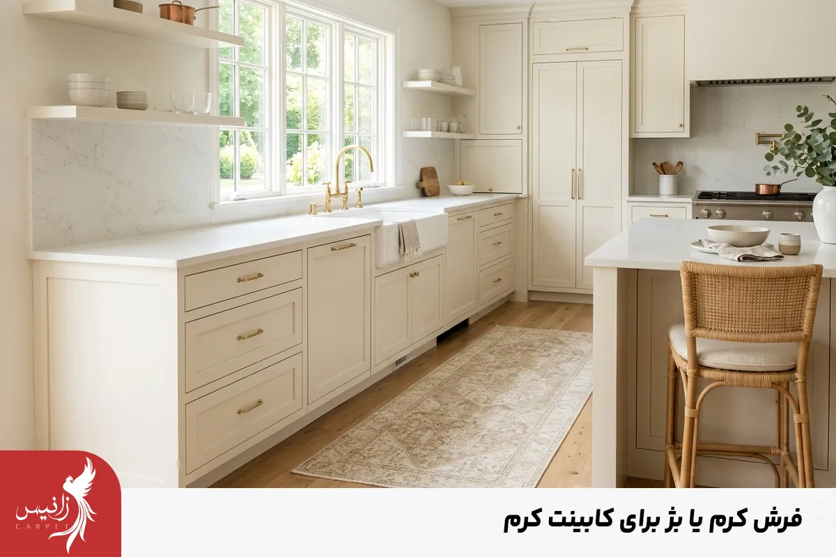 انتخاب فرش کرم با کابینت هم رنگ باید با احتیاط انجام شود تا فضایی یکنواخت ایجاد نشود.