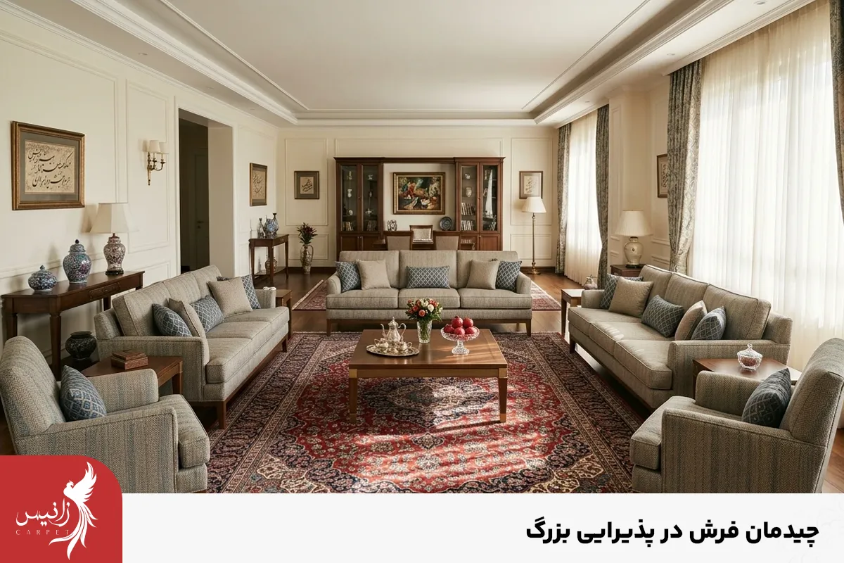 جلوگیری از بی روح بودن فضا در پذیراییهای بزرگ چالش اصلی چیدمان فرش است.
