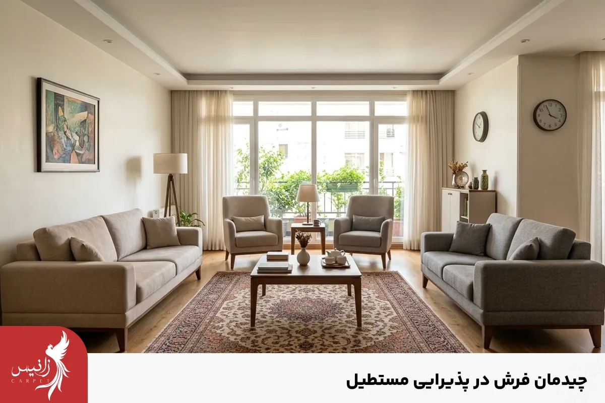 پهن کردن فرش در راستای طول فضاهای مستطیل شکل از اصول چیدمان فرش در پذیرایی است.