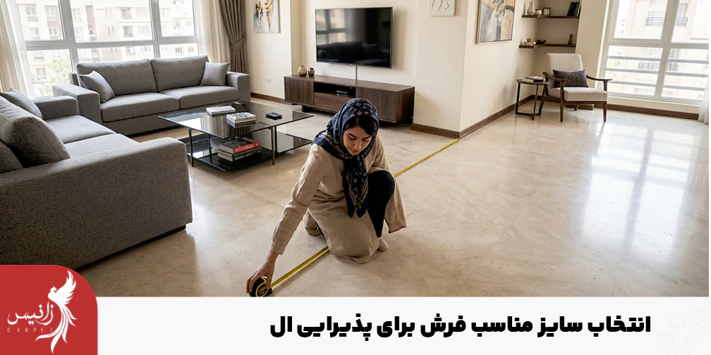 بهتر است با توجه به مساحت پذیرایی ال شکل و چیدمان خود سایز مناسب فرش را انتخاب کنید.