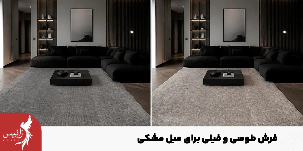 ست فرش طوسی یا فیلی با مبل مشکی برای سبک‌های مدرن مناسب است.