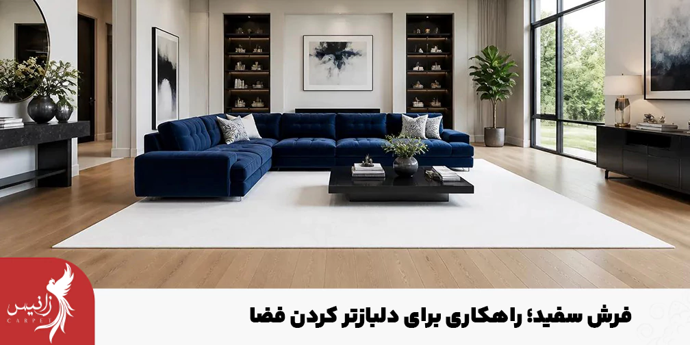 فرش سفید با مبل آبی فضا را بازتر نشان میدهد.